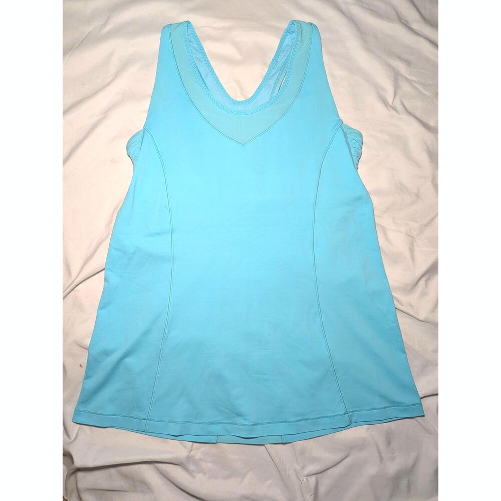 Lululemon Run Your Heart Out Tank Top Blue Size 10 Mesh Keyhole Cinch Hem Bra